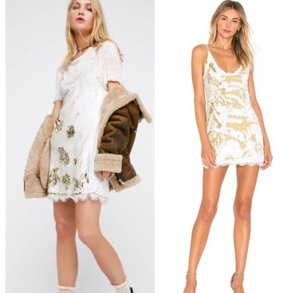 Free People Intimately Dress White/Gold Sequin XS Chic Party NYE Cottagecore - Picture 1 of 5